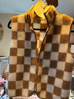 SHEIN Brown and Cream Checkered Sherpa Vest
